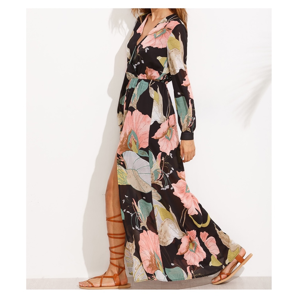 Black Floral Long Sleeve Maxi Dress - Picture 2 of 4